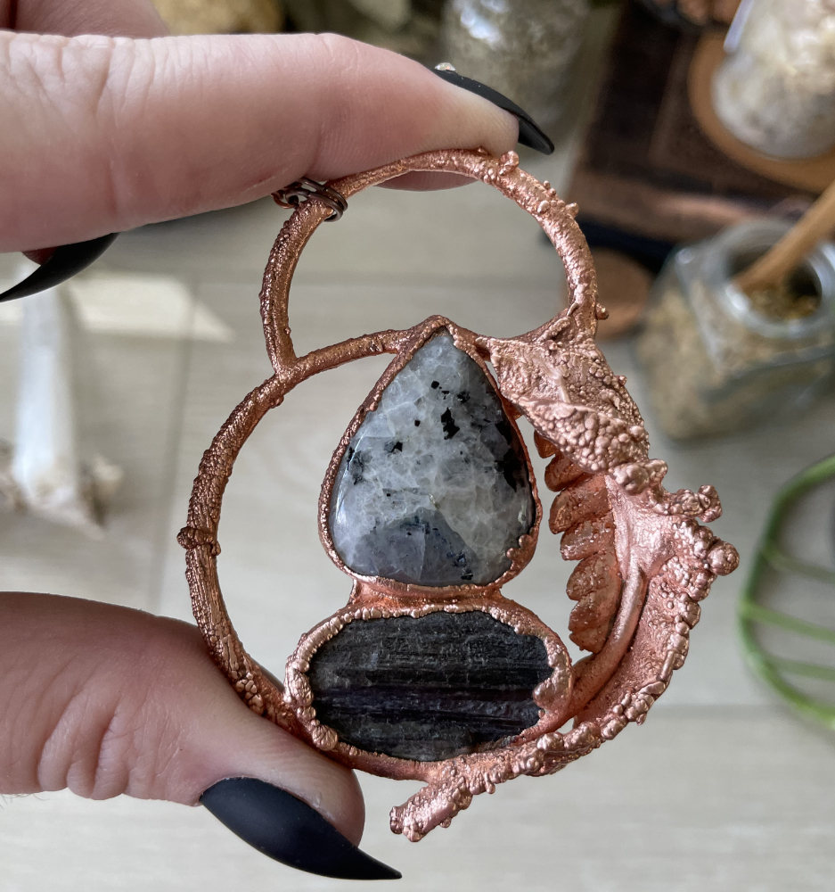 Moonstone Teardrop with Raw Tourmaline and Fern Accent in Copper - Image 3