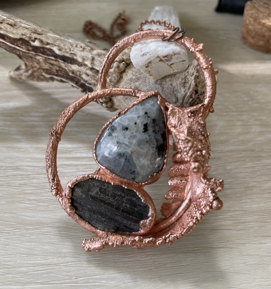 Moonstone Teardrop with Raw Tourmaline and Fern Accent in Copper