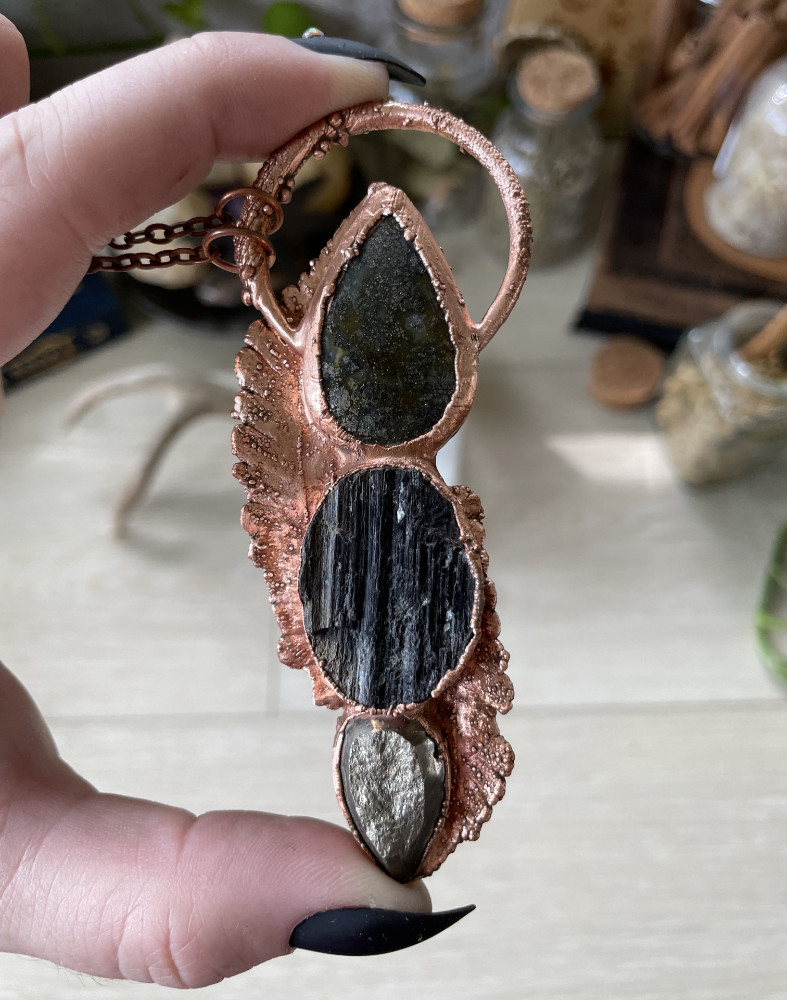 Marcasite Teardrop, Raw Tourmaline Oval and Druzy Pyrite Teardrop with Fern Accents in Copper