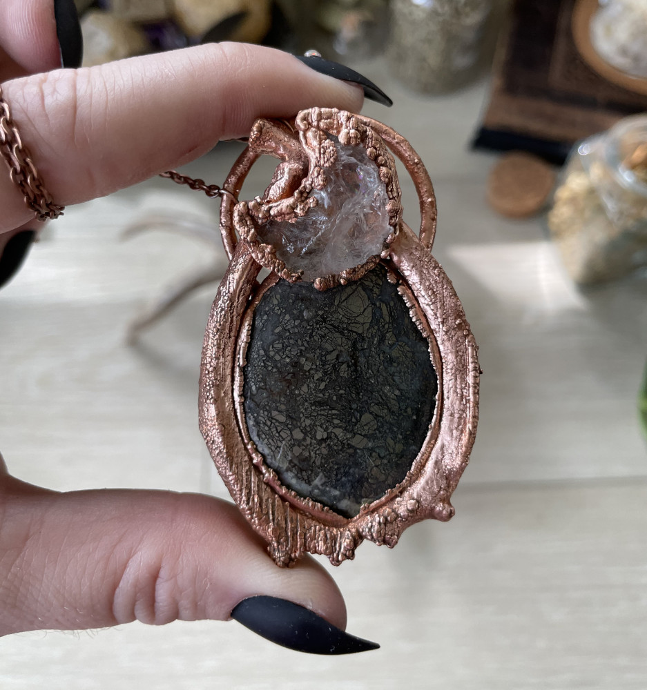 Marcasite with Knapped Quartz Crescent Moon and Bone Frame in Copper