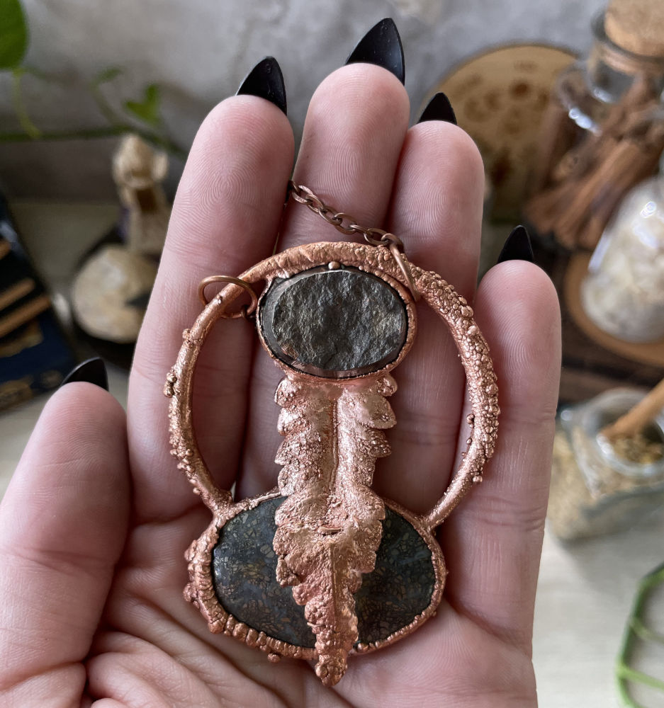 Marcasite and Druzy Pyrite Oval with Fern Accent in Copper
