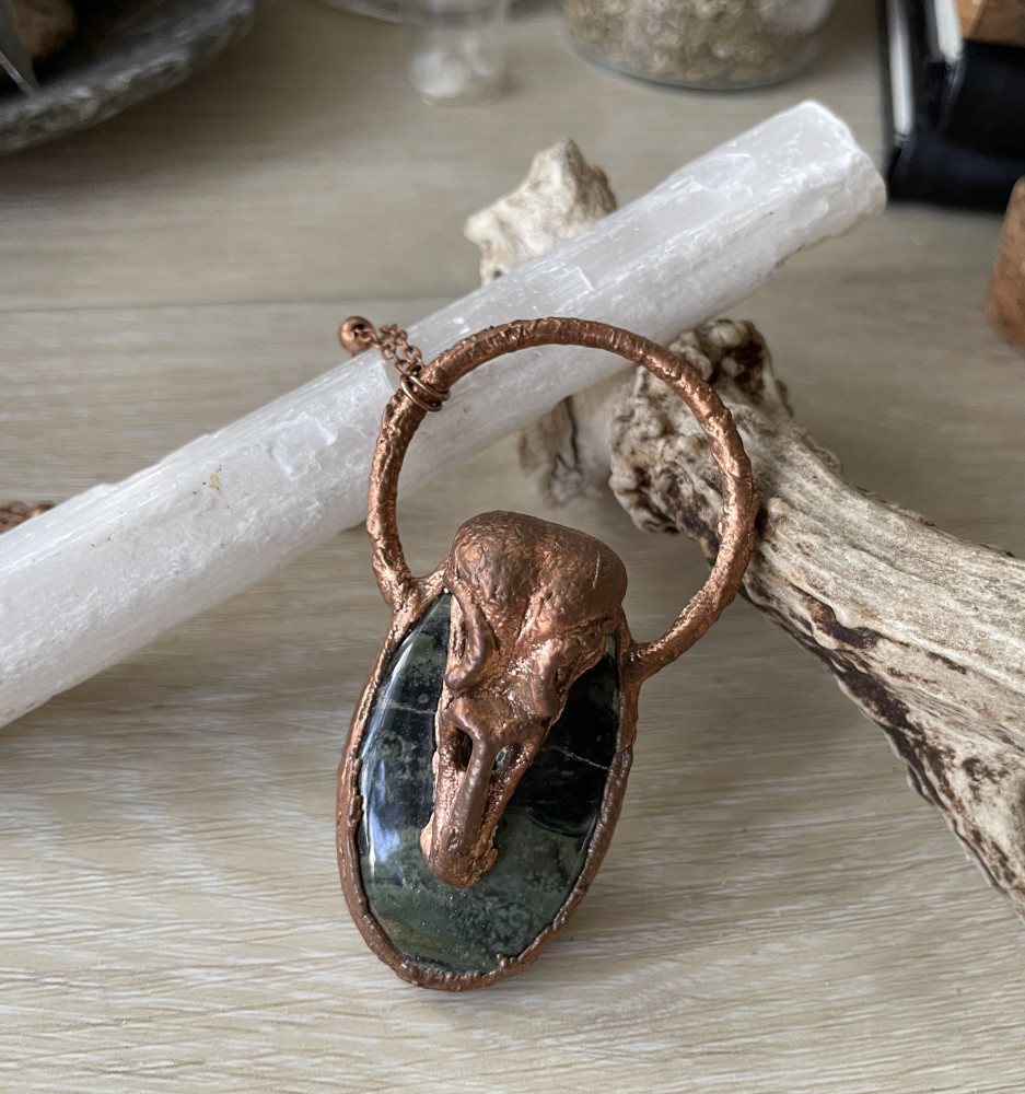 Kambaba Jasper and Bird Skull Accent in Copper over Brass